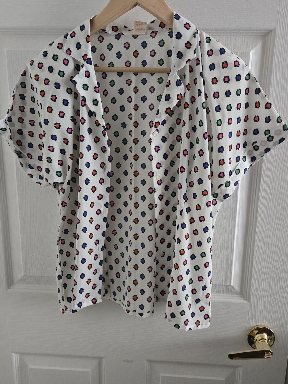 Women's White Short-Sleeve Button-Up Top with Multicolor Dot Print